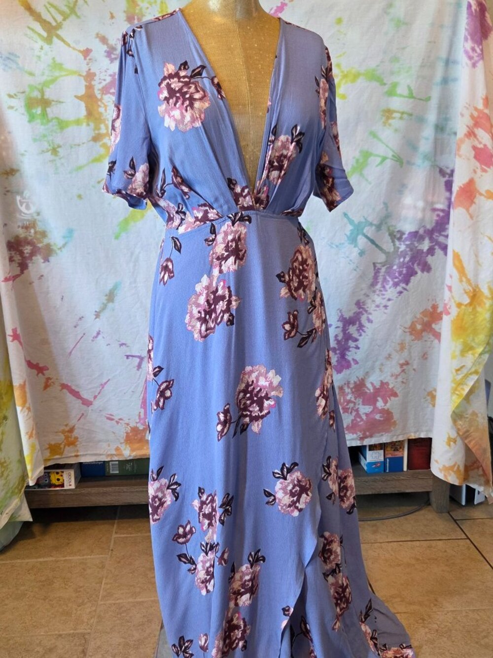 Astr Purple and Pink Floral Wrap Dress with Plunging Neckline